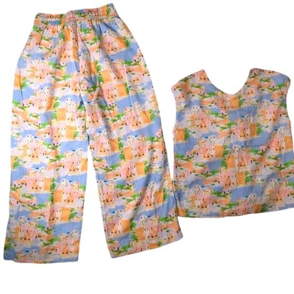 Cynthia Rowley Linen Blend 2-Piece Set Matching Top Pants Greek Island Print XS - Picture 2 of 12